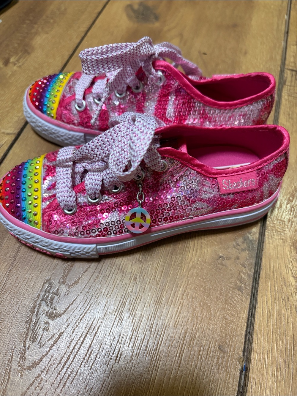 Skechers Girls Pink Sequin Sneakers with Rainbow Toe and Peace Charm